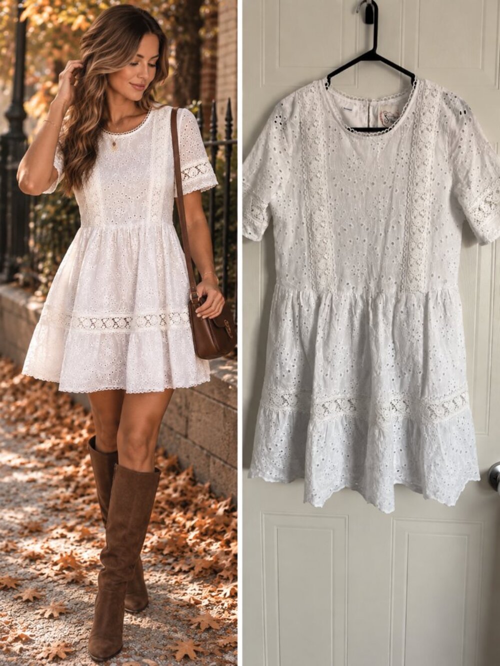 Sunday Mi Amor White Cotton Eyelet Mini Dress Crochet Lace Tiered Boho S